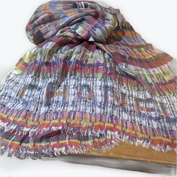 Auth Chanel Multicolor Cashmere Modal Silk Blend Striped Wrap Shawl Stole Scarf - Picture 8 of 15